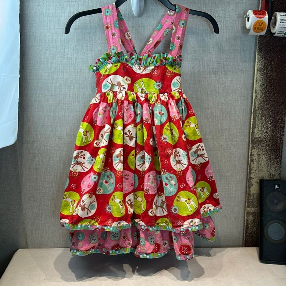Jelly the Pug Christmas Reindeer Ruffle Layer Twirl Dress Girls Sz 5 Adjustable